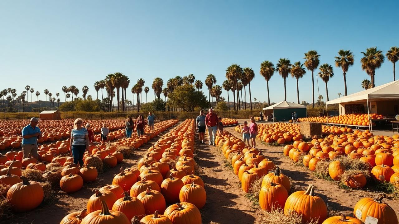 Rows of bright orange pumpkins at a sunny San Diego pumpkin patch with palm trees and families in the background
