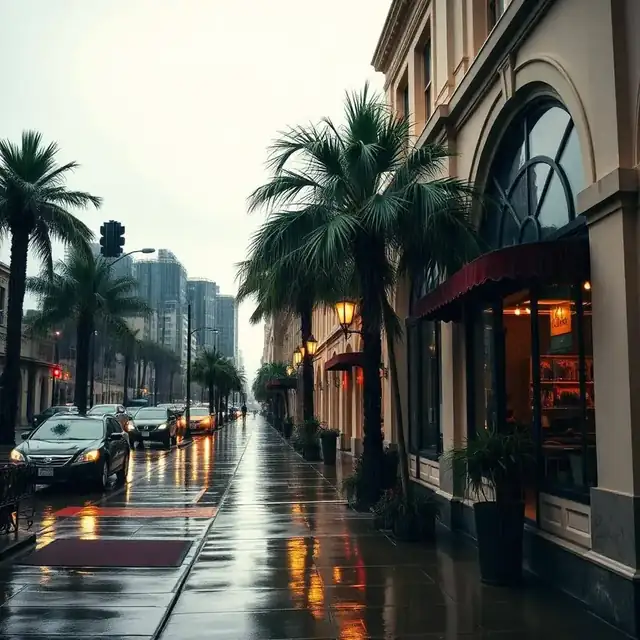 Rainy day in downtown San Diego with wet palm-lined sidewalk and warm cafe windows glowing