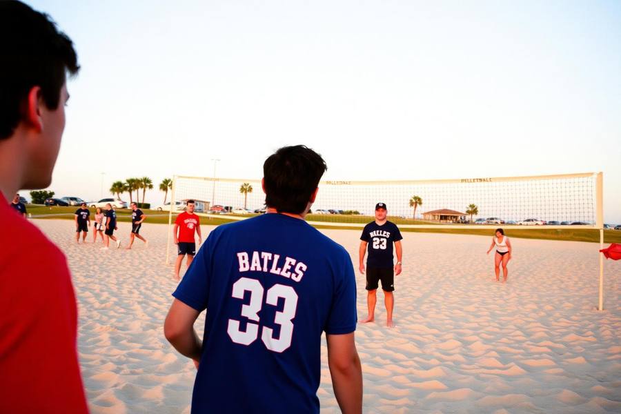 Adults playing a recreational sand volleyball game at a San Diego beach park in evening light