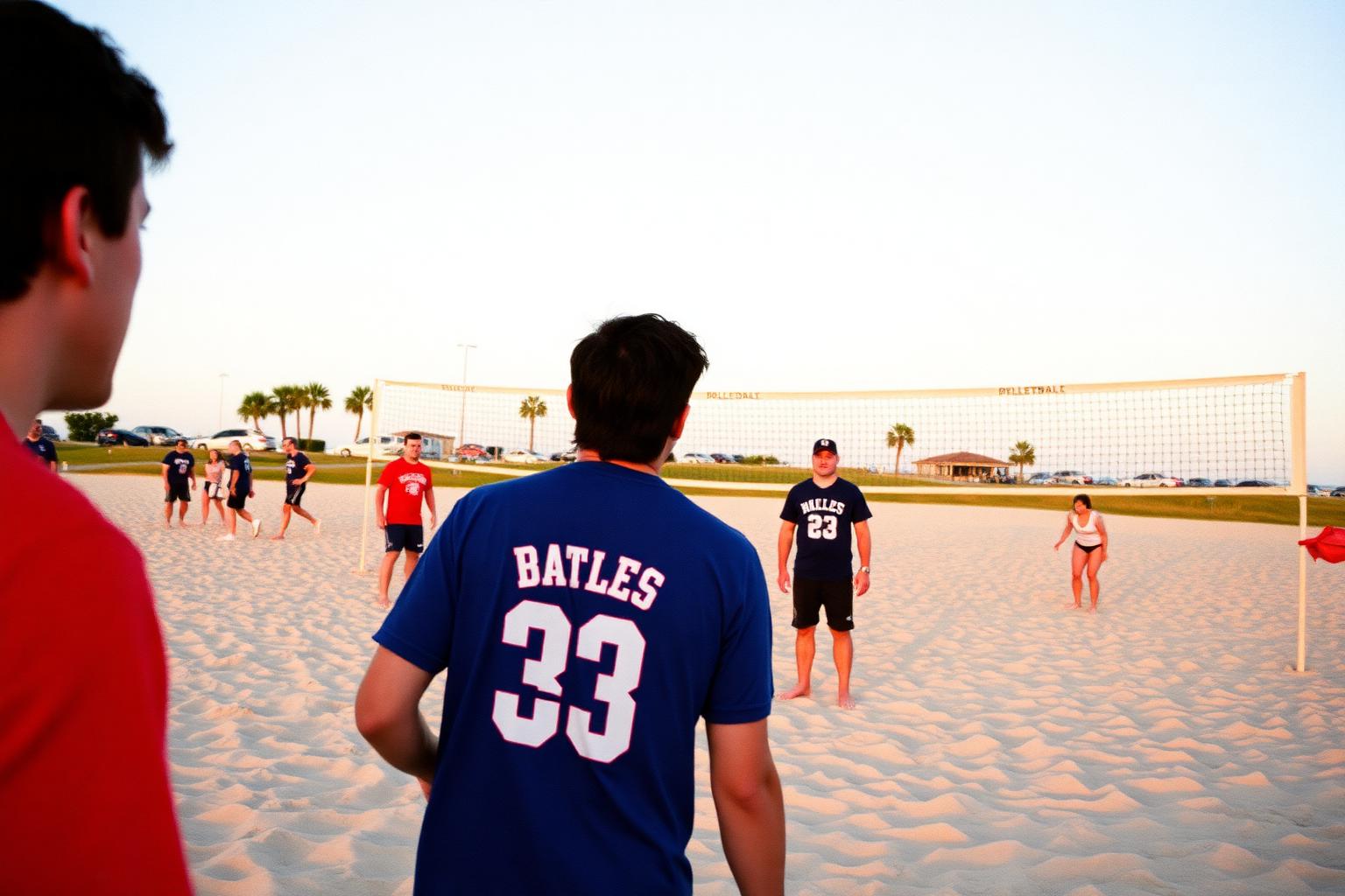 Adults playing a recreational sand volleyball game at a San Diego beach park in evening light