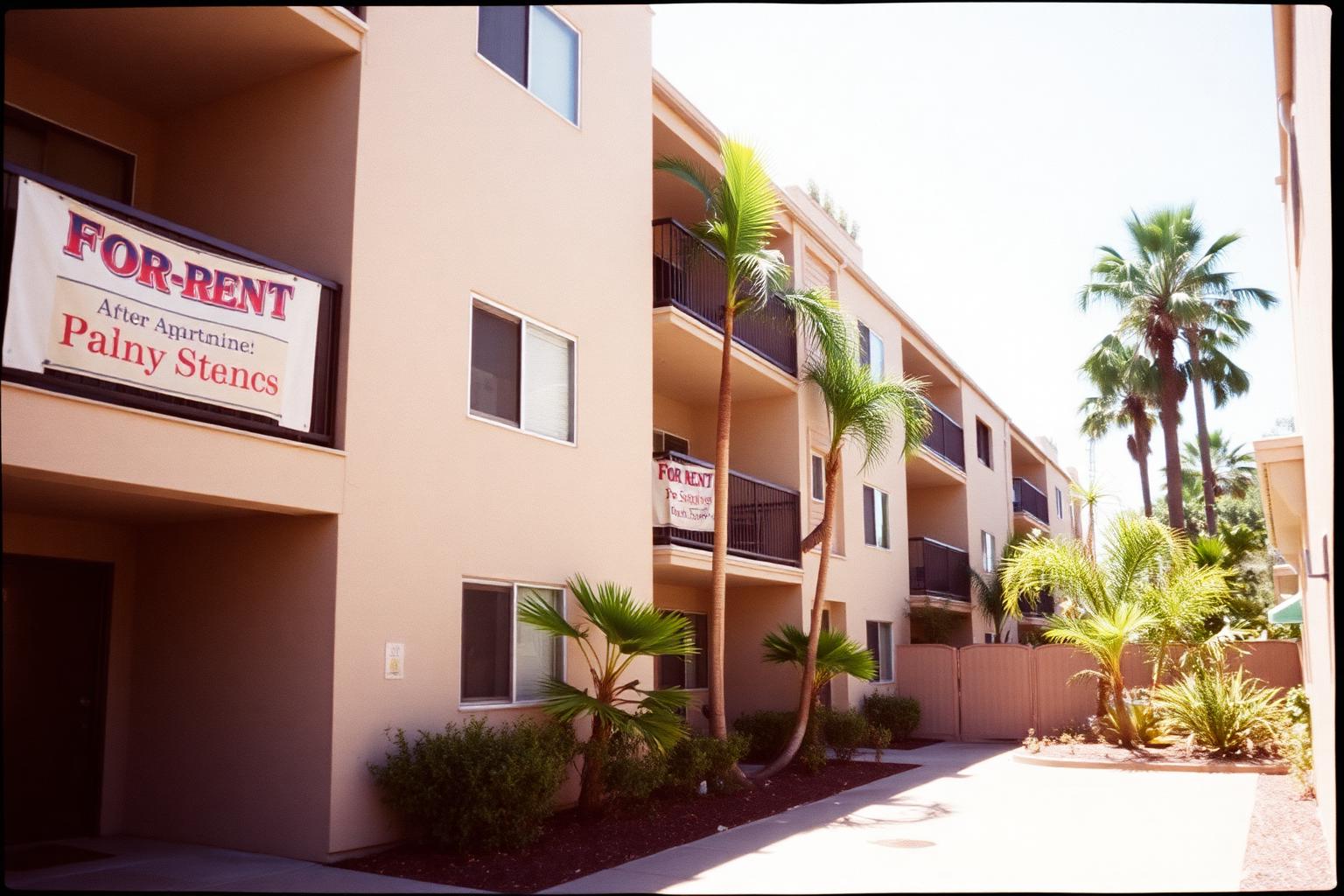 Stucco apartment building with a for-rent banner and palm trees in a San Diego neighborhood