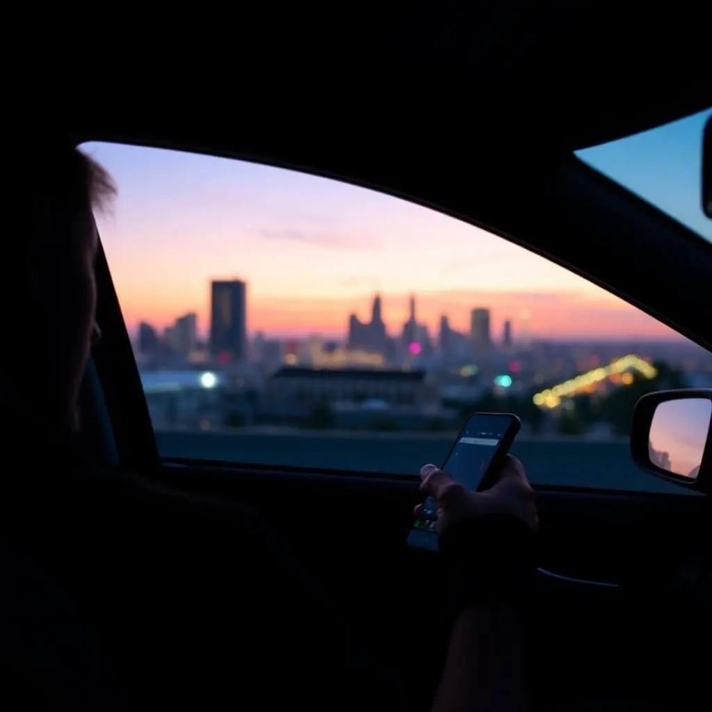 Traveler with luggage waiting at an airport rideshare pickup curb at dusk
