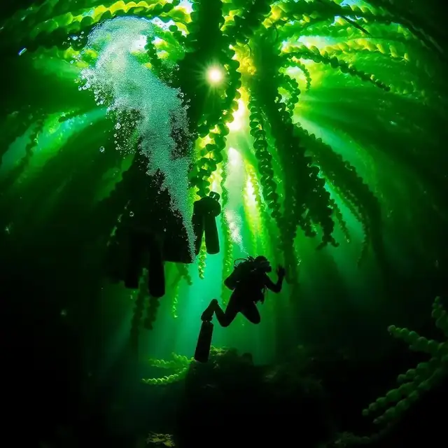 Scuba diver descending into a green kelp forest at Wreck Alley San Diego with sunbeams overhead