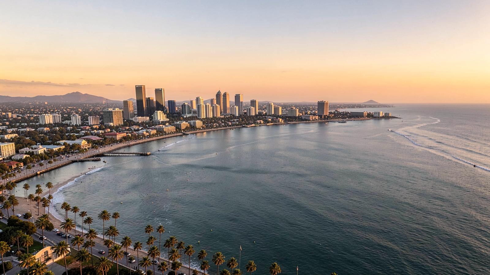 Aerial view of San Diego Bay, the downtown skyline and the Pacific coastline at golden hour
