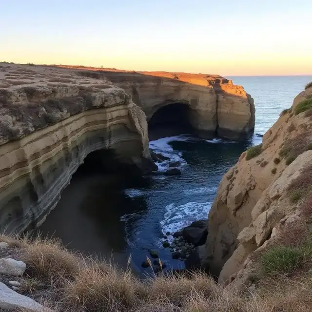 Hidden coastal sea cave and cliffs in San Diego at golden hour