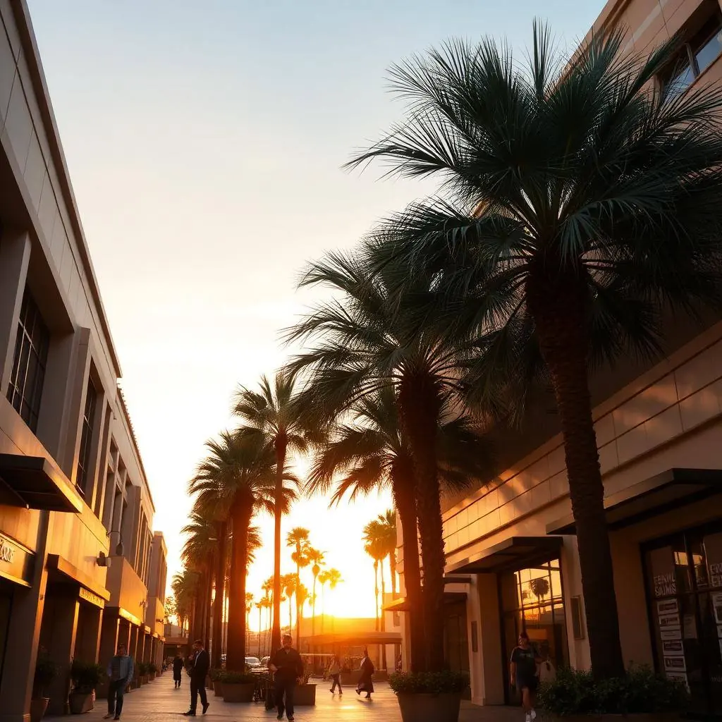 Centro comercial al aire libre en San Diego con tiendas y palmeras
