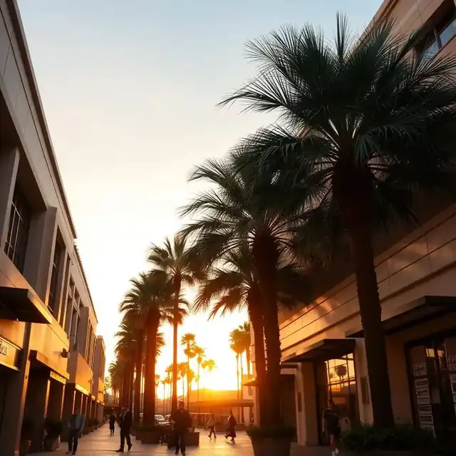 Upscale San Diego open-air shopping district at sunset with palm trees and boutique storefronts