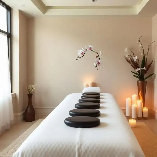 Luxury spa treatment room with hot stone massage table candles and orchids at a San Diego resort