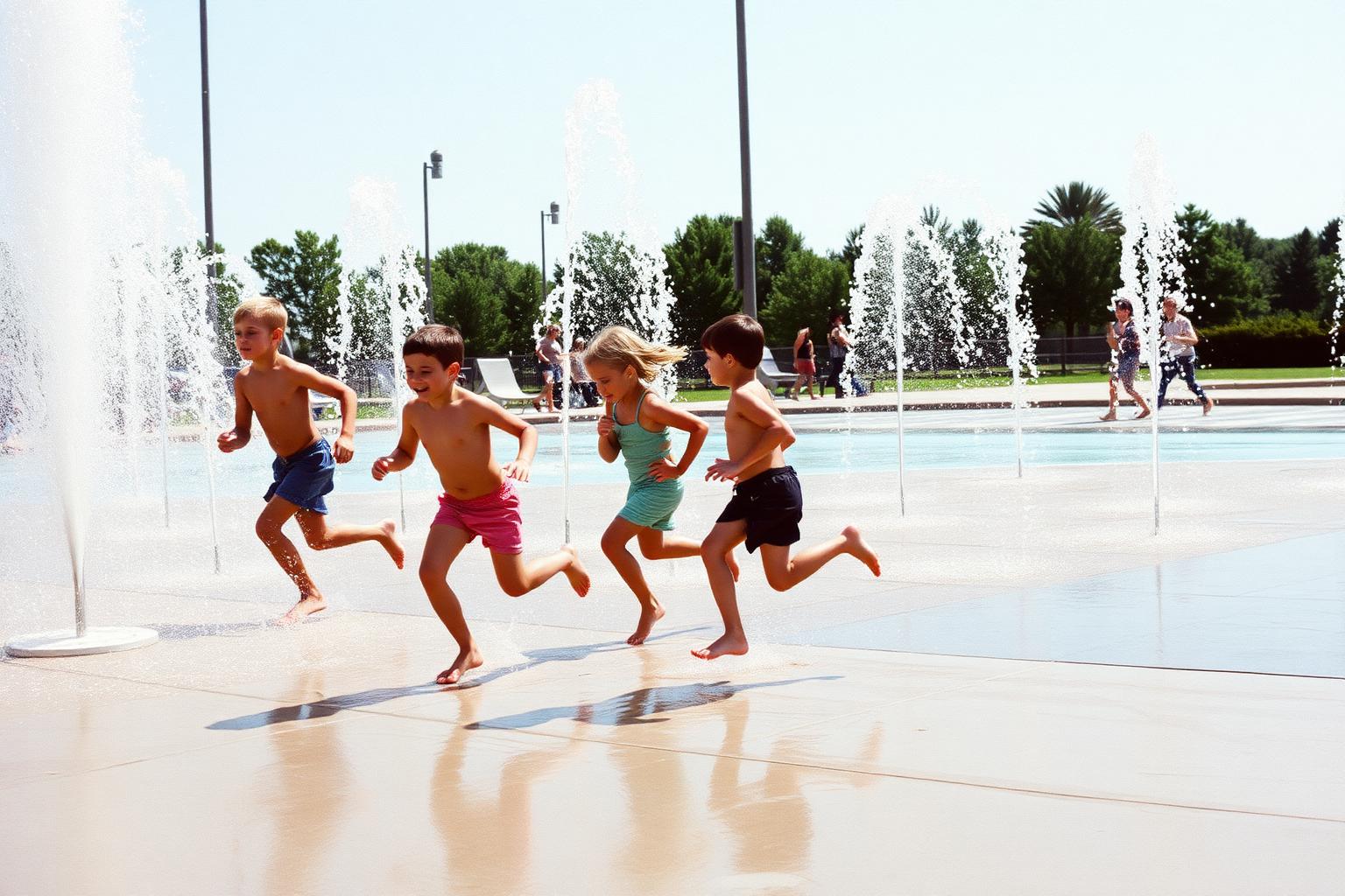 Young children running through water jets at a public splash pad on a sunny day