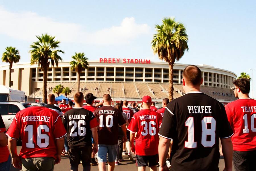 Fans in team jerseys walking toward a San Diego stadium past palm trees on a sunny afternoon