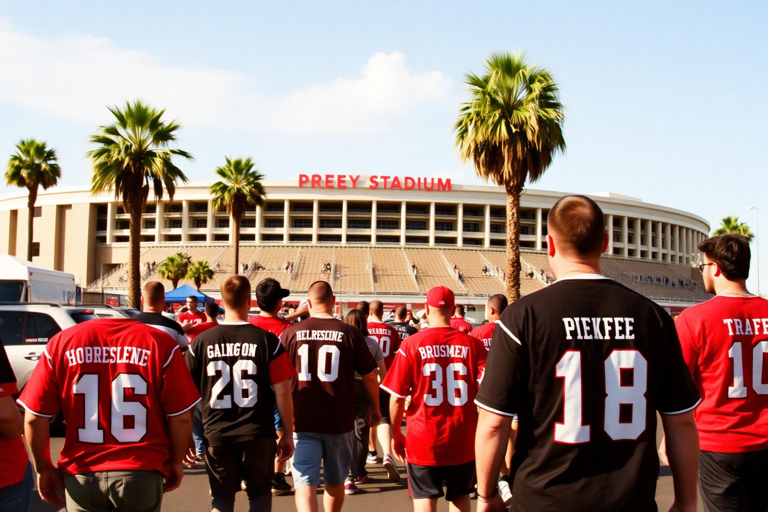 Fans in team jerseys walking toward a San Diego stadium past palm trees on a sunny afternoon