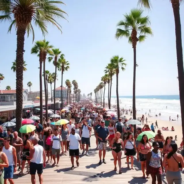 San Diego Spring Break at Pacific Beach with a crowded palm-lined boardwalk and ocean beyond