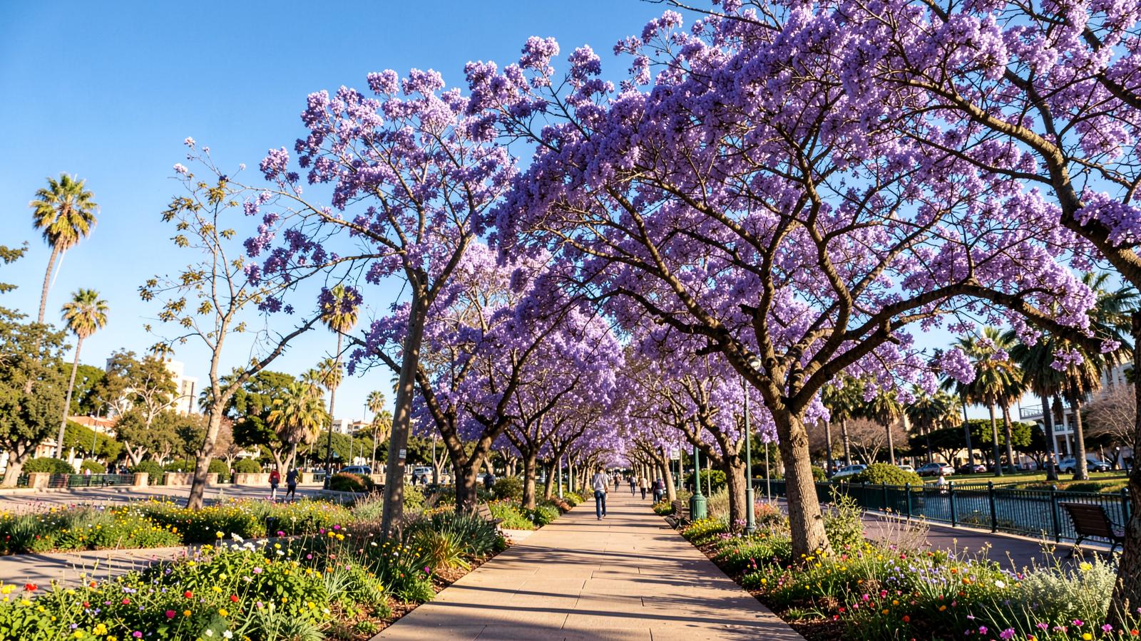 Jacaranda trees in full purple bloom over a Balboa Park walkway on a clear spring afternoon in San Diego
