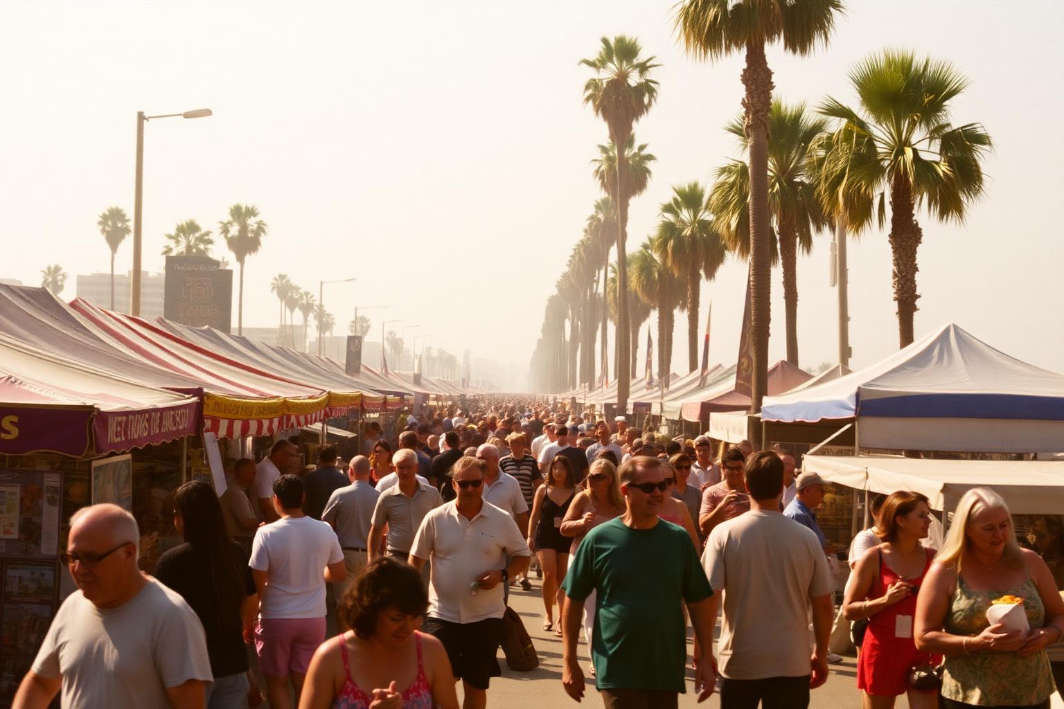 Crowded beach town street fair with vendor booths and palm trees in hazy afternoon light