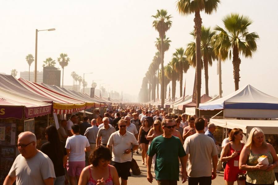 Crowded beach town street fair with vendor booths and palm trees in hazy afternoon light