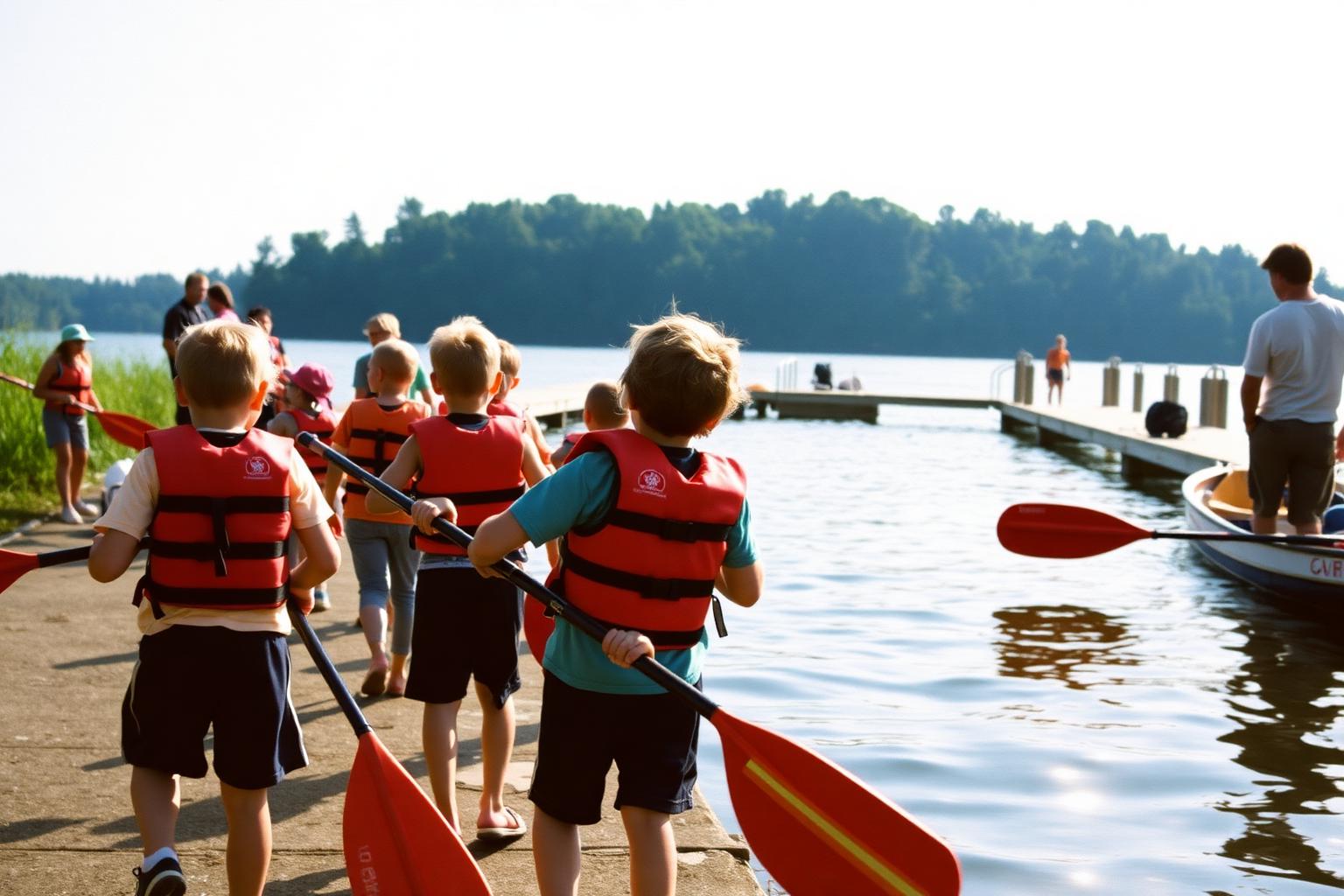 Kids in life vests carrying paddles toward a dock at a summer camp on the bay