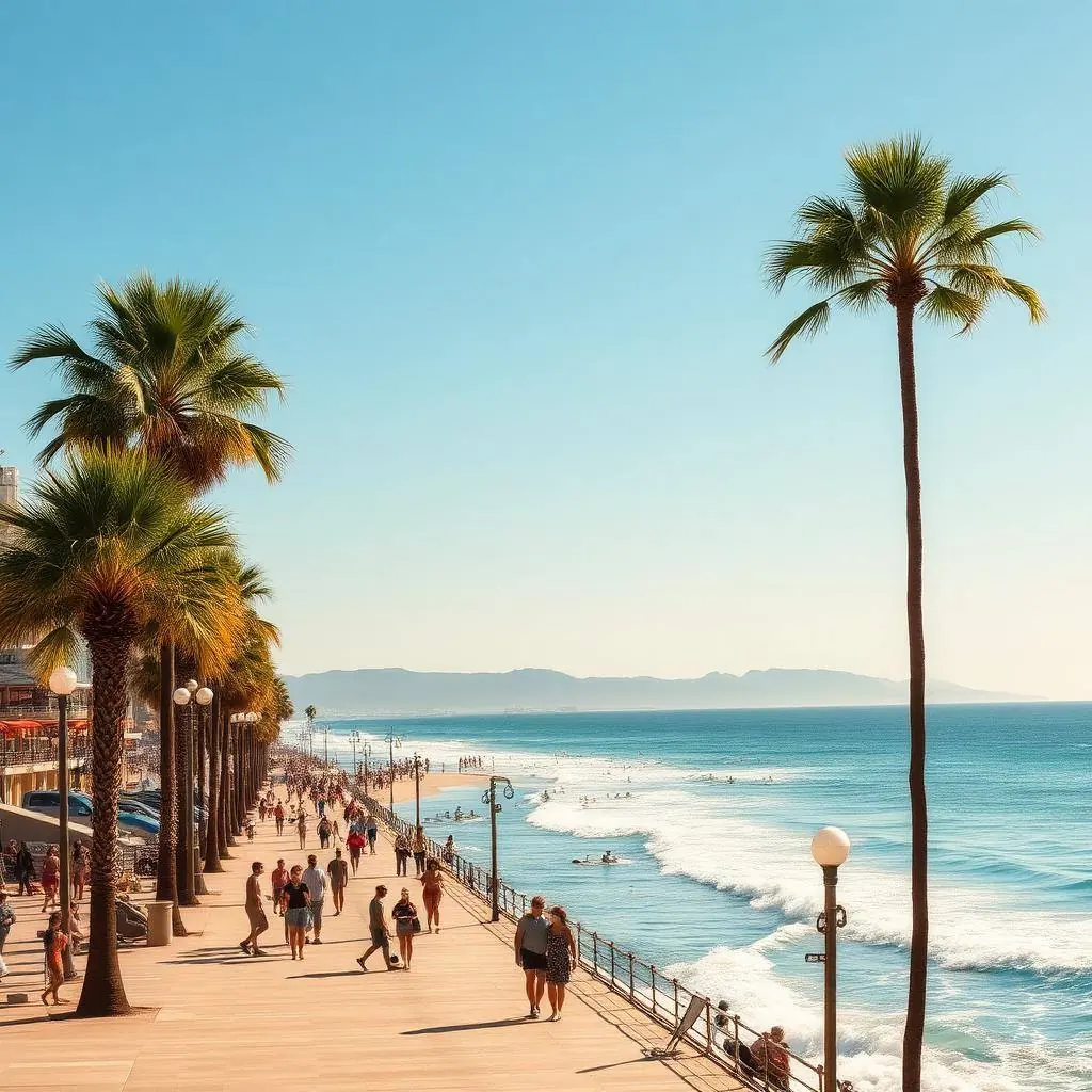 Playa concurrida de San Diego en verano con sombrillas y bañistas