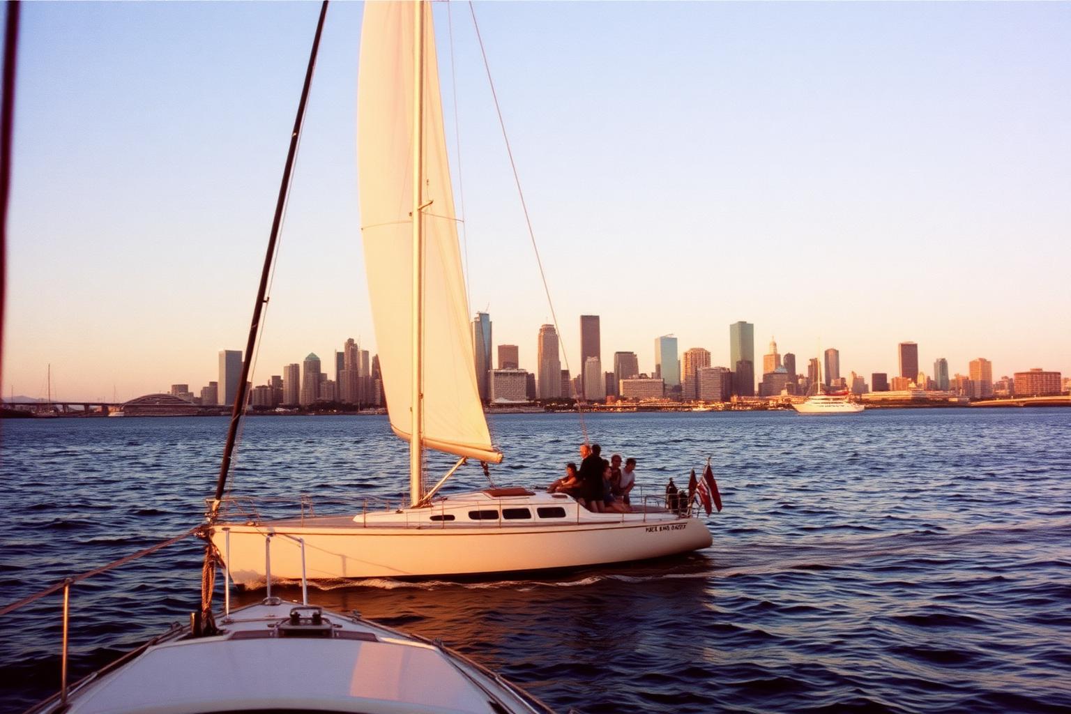 Sailboat under sail on San Diego Bay at sunset with the downtown skyline in the background