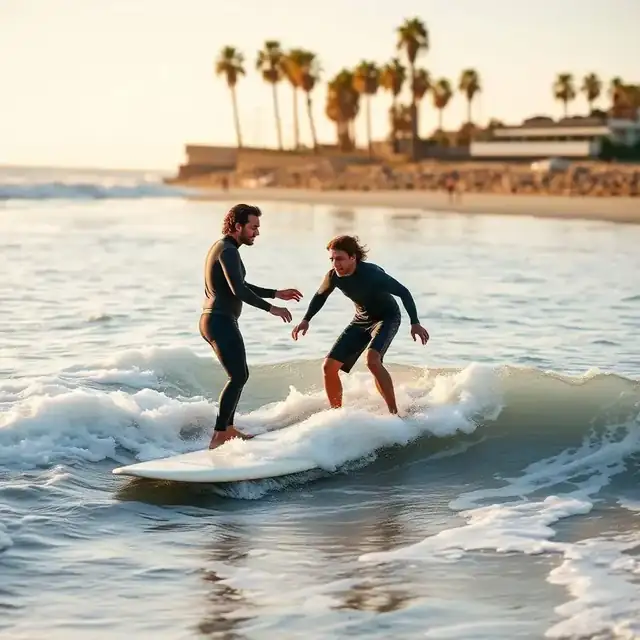 Surf instructor teaching a beginner student on a longboard in shallow whitewater at Pacific Beach San Diego