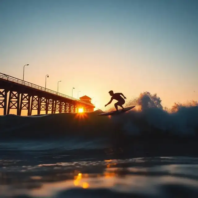 Surfer riding a wave at sunset near a San Diego pier