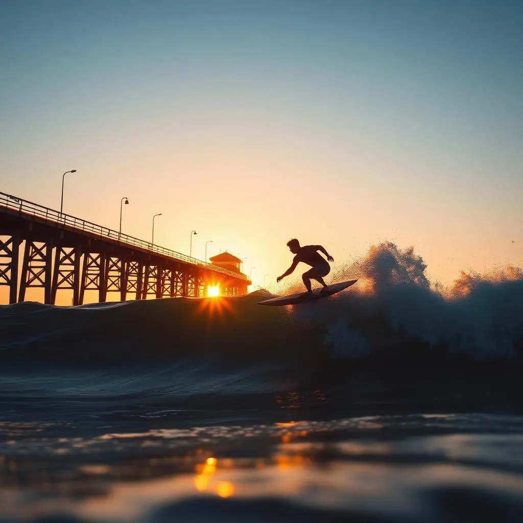Surfista tomando una ola al atardecer en una playa de San Diego