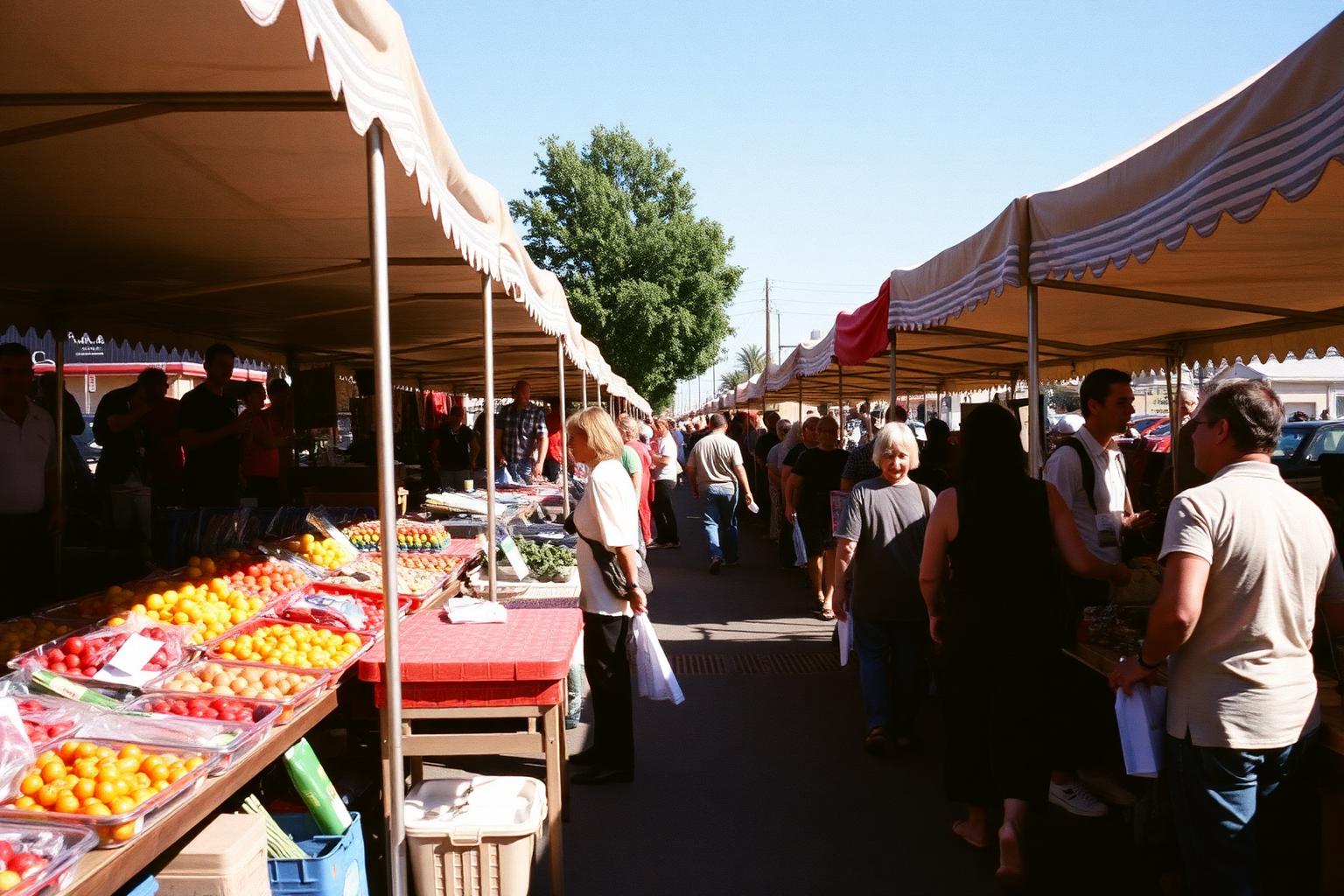 Crowded outdoor swap meet aisles with vendors selling tools, clothes and vintage goods