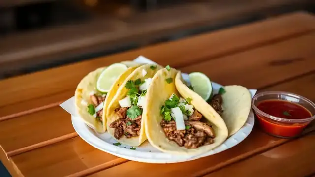 San Diego street tacos on a paper plate with carne asada, cilantro, onion, and lime