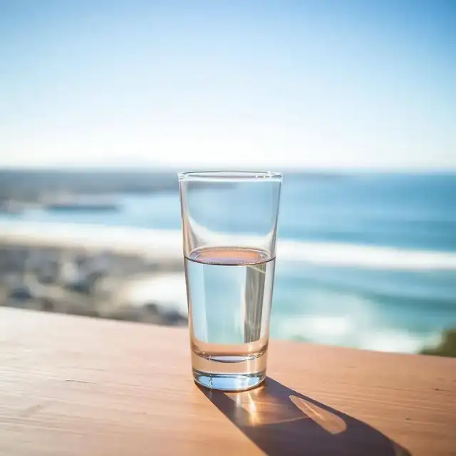 A clear glass of San Diego tap water on a wooden counter with the Pacific coast in the background