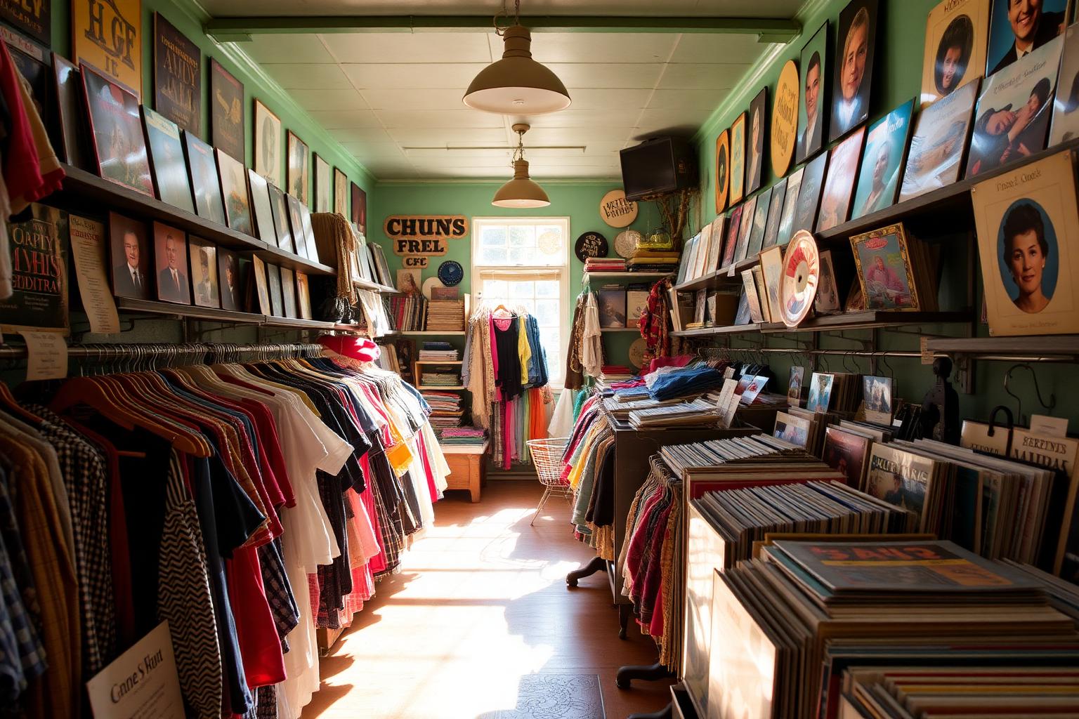 Interior of a San Diego vintage store with racks of secondhand clothing and crates of records