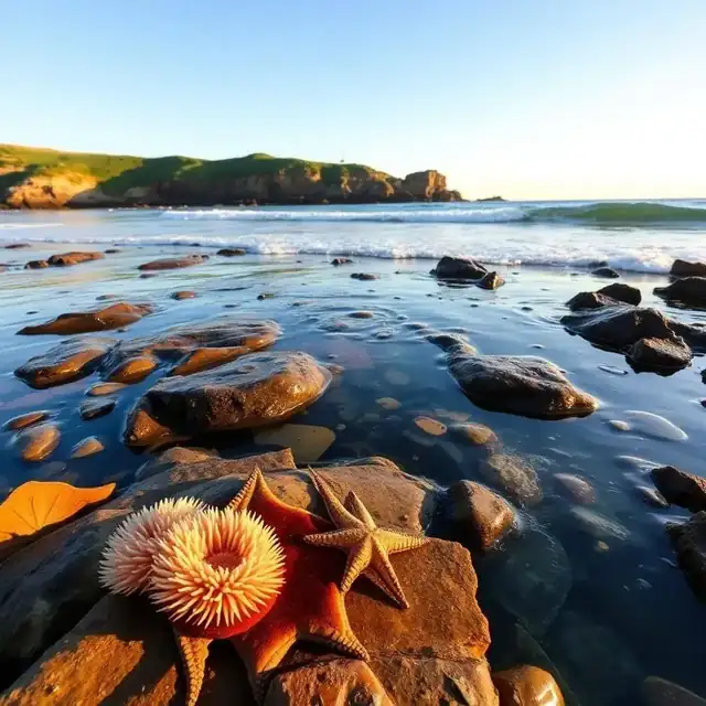 San Diego tide pools at low tide with sea anemones and starfish on rocky reef
