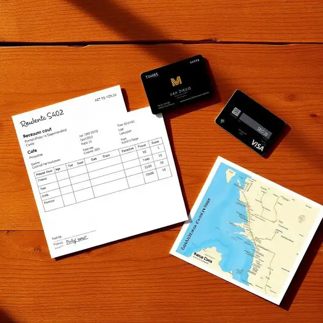 San Diego restaurant check with cash tip and credit card on a wooden table