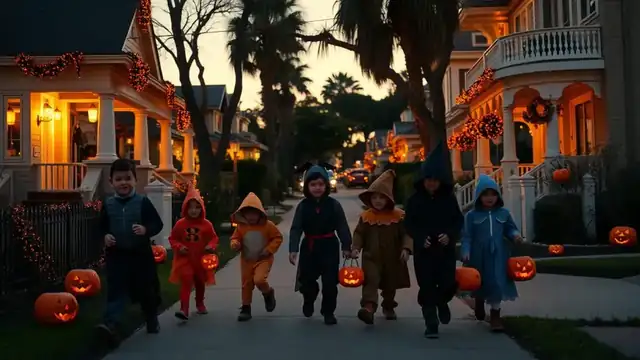 Children in Halloween costumes trick-or-treating on a decorated historic San Diego street at dusk