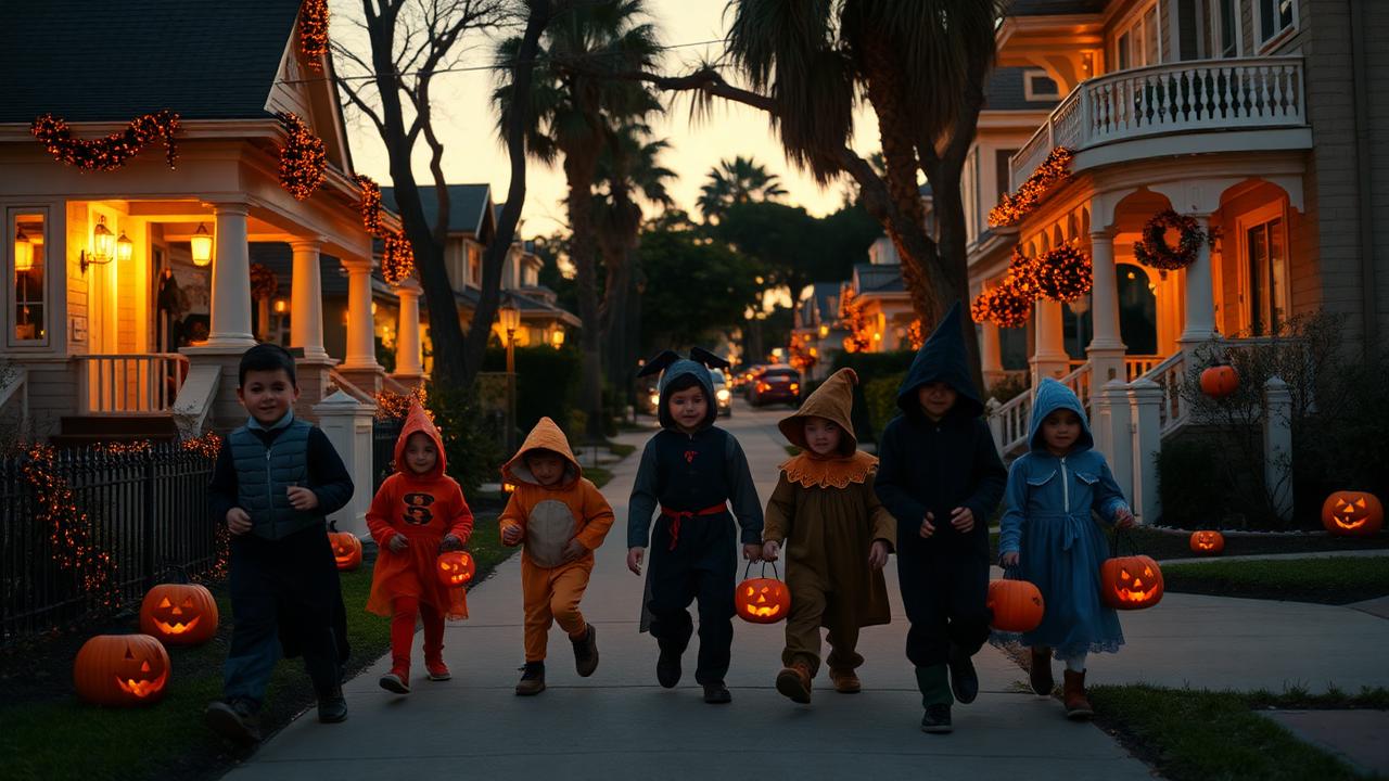 Children in Halloween costumes trick-or-treating on a decorated historic San Diego street at dusk