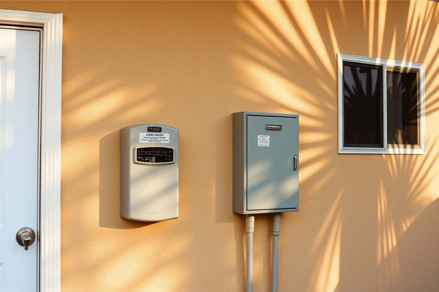 Electric meter and utility panel mounted on the stucco wall of a San Diego home in warm afternoon light