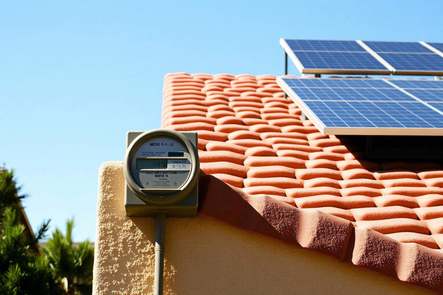 Electric meter on a stucco wall beneath rooftop solar panels on a Southern California home