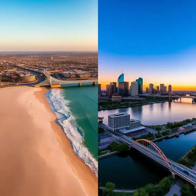 Split aerial view of San Diego beach and Coronado Bridge versus Austin's downtown skyline over Lady Bird Lake