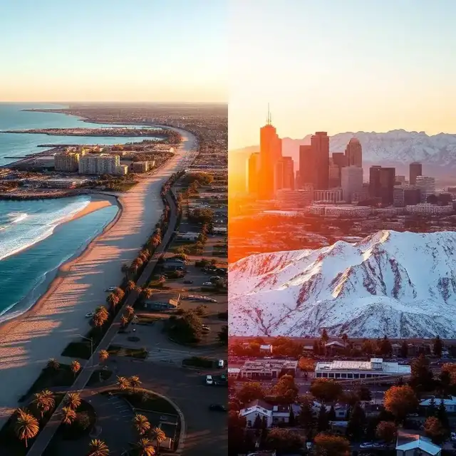 Split aerial view of San Diego beach and palms versus Denver's skyline with snowy Rocky Mountains