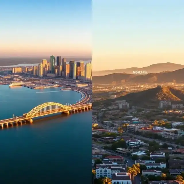 Split view of San Diego bay and Coronado Bridge versus Los Angeles skyline and Hollywood Hills