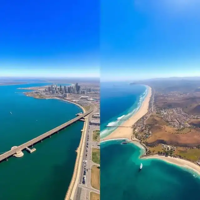 Split aerial view of San Diego bay and Coronado Bridge versus Orange County's Laguna Beach coastline