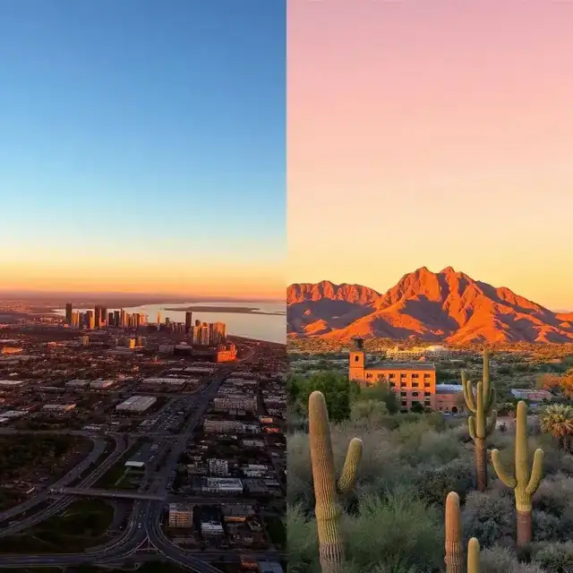 Split view of San Diego's Pacific coast and downtown skyline versus Phoenix's desert skyline with Camelback Mountain and saguaro cacti