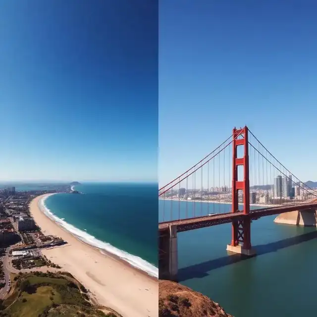 Split aerial view of San Diego beach and Coronado Bridge versus the Golden Gate Bridge and San Francisco skyline