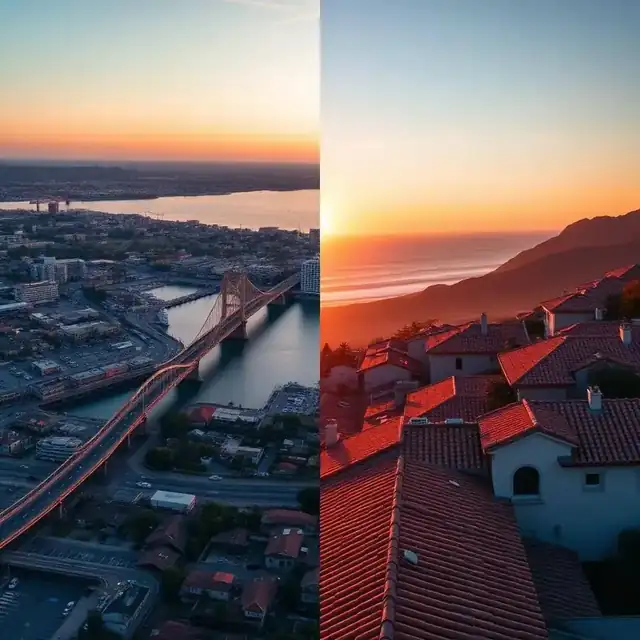 Split aerial view of San Diego bay and Coronado Bridge versus Santa Barbara's Spanish tile rooftops and coastline
