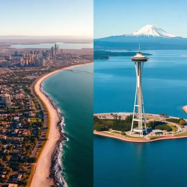 Split aerial view of San Diego Pacific coastline versus Seattle's Space Needle with Puget Sound and Mount Rainier