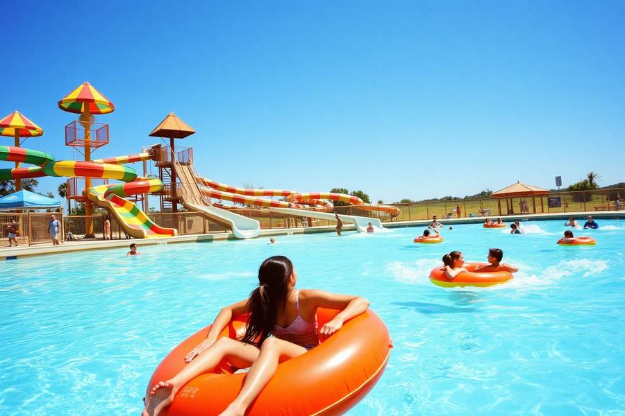 Water park with colorful slides and a wave pool full of families on inner tubes