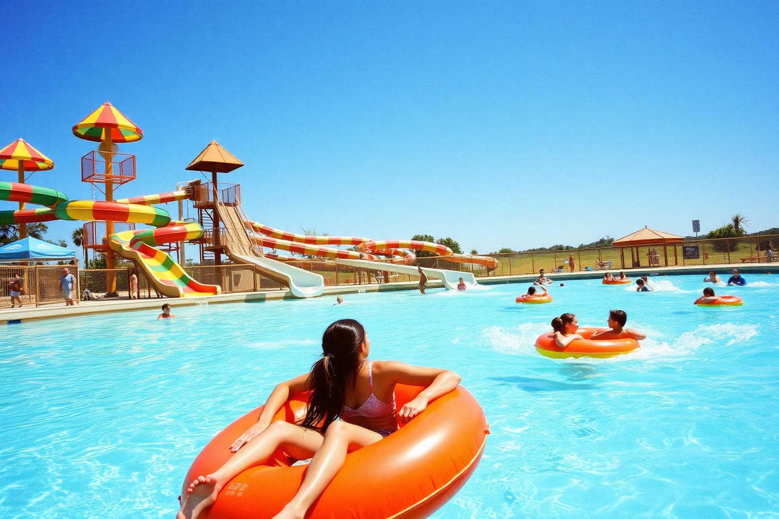 Water park with colorful slides and a wave pool full of families on inner tubes