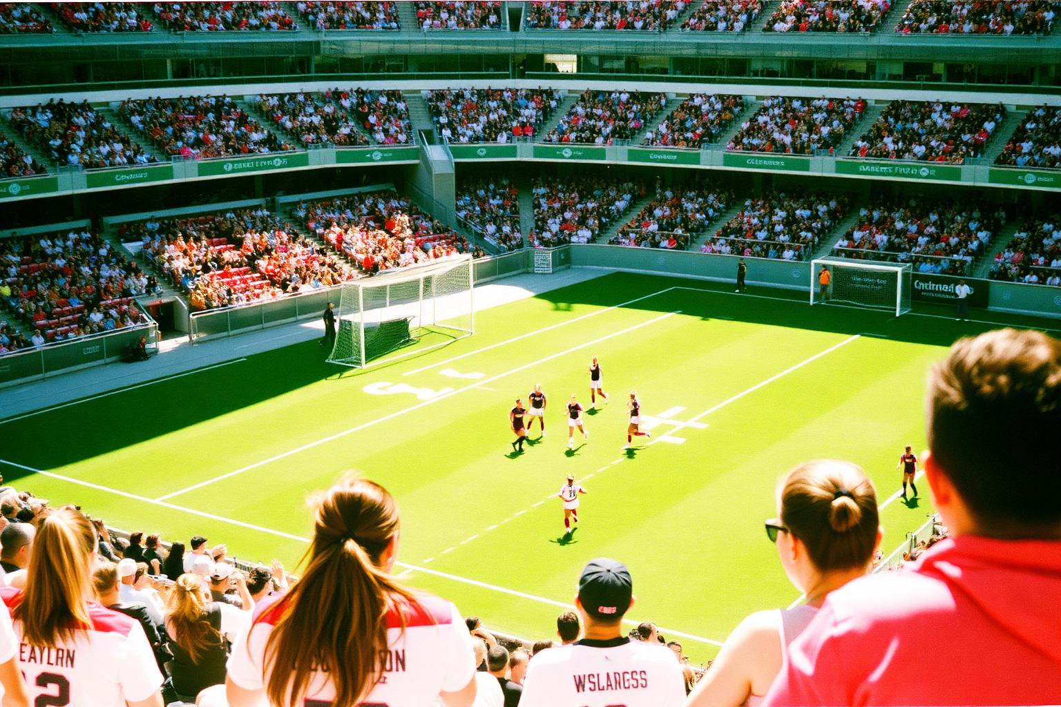 Women's professional soccer match in a sunny stadium with a colorful supporters section