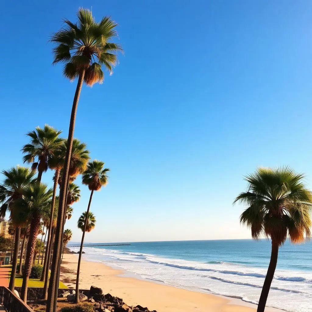Cielo despejado sobre la costa de San Diego con olas rompiendo en la orilla
