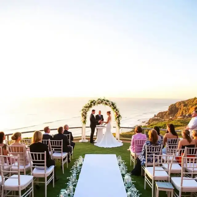 Oceanfront wedding ceremony in San Diego with white chairs and floral arch overlooking the Pacific at sunset