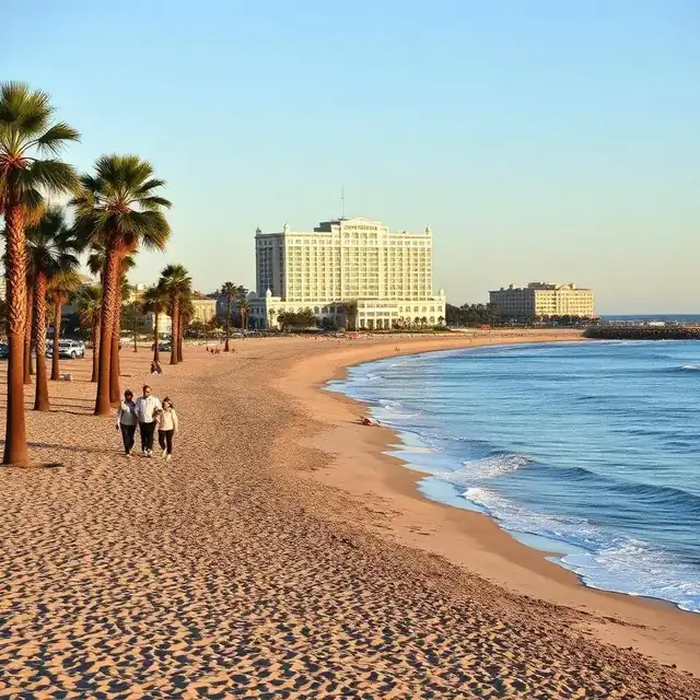 Coronado beach on a mild San Diego winter afternoon with Hotel del Coronado in the background and calm Pacific Ocean