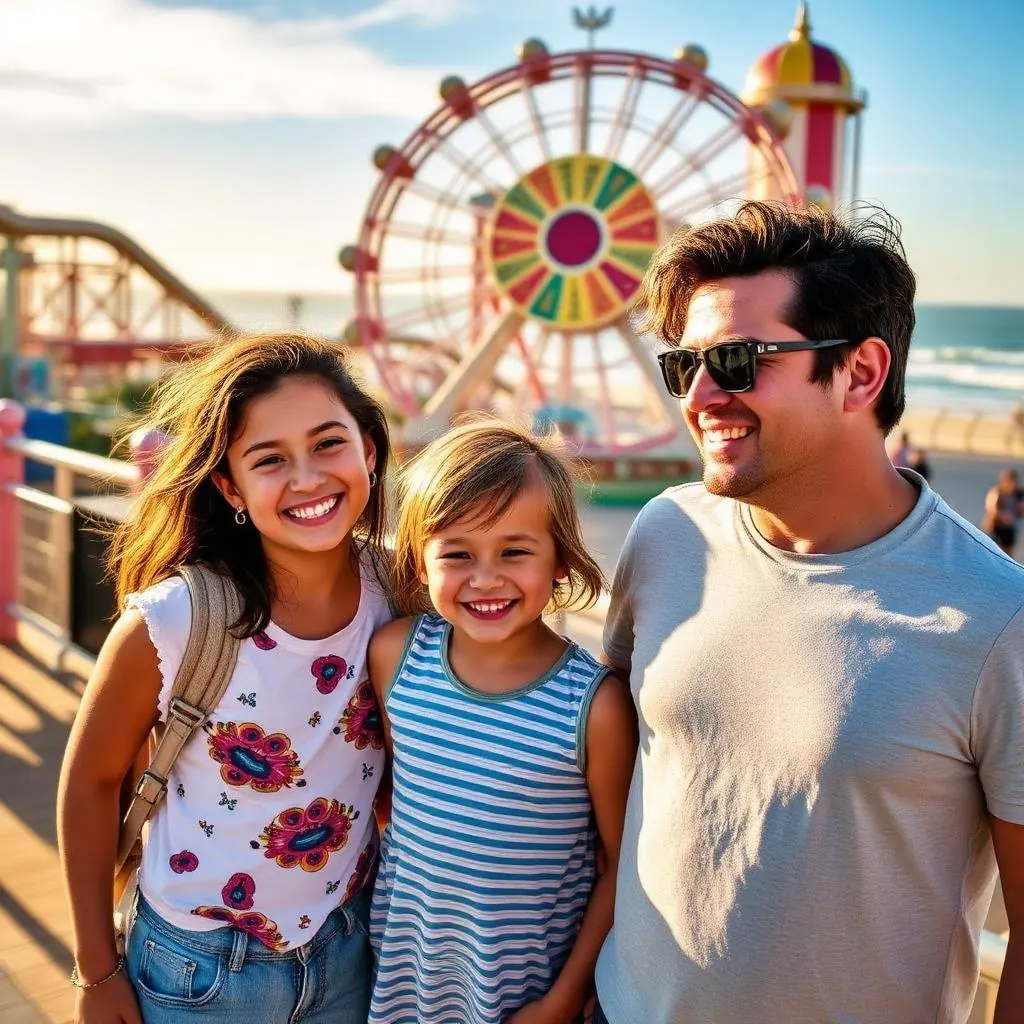 Family walking a stroller along a paved San Diego waterfront path